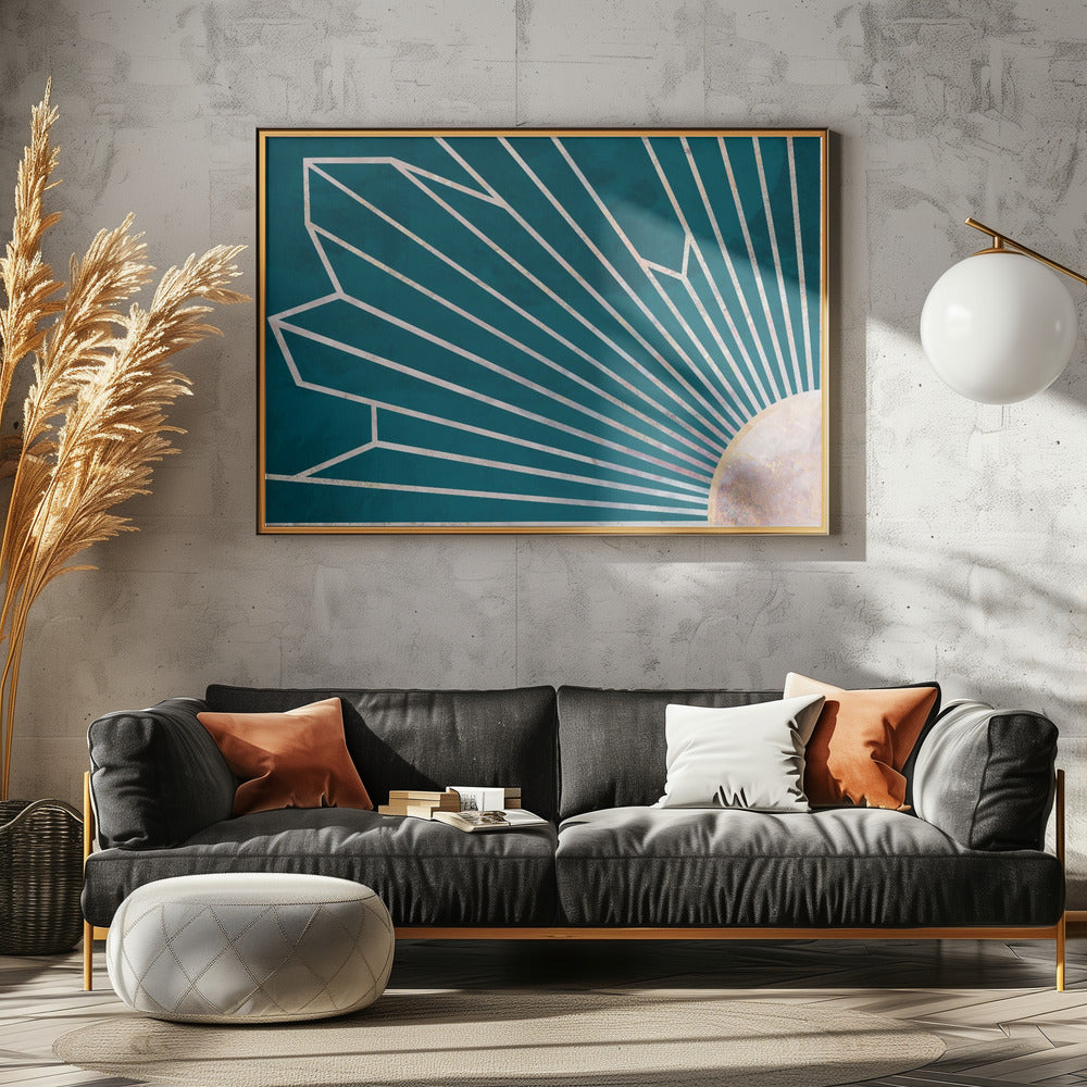 Gold geometrische Sonnenstrahlen Wandbild türkis | Poster