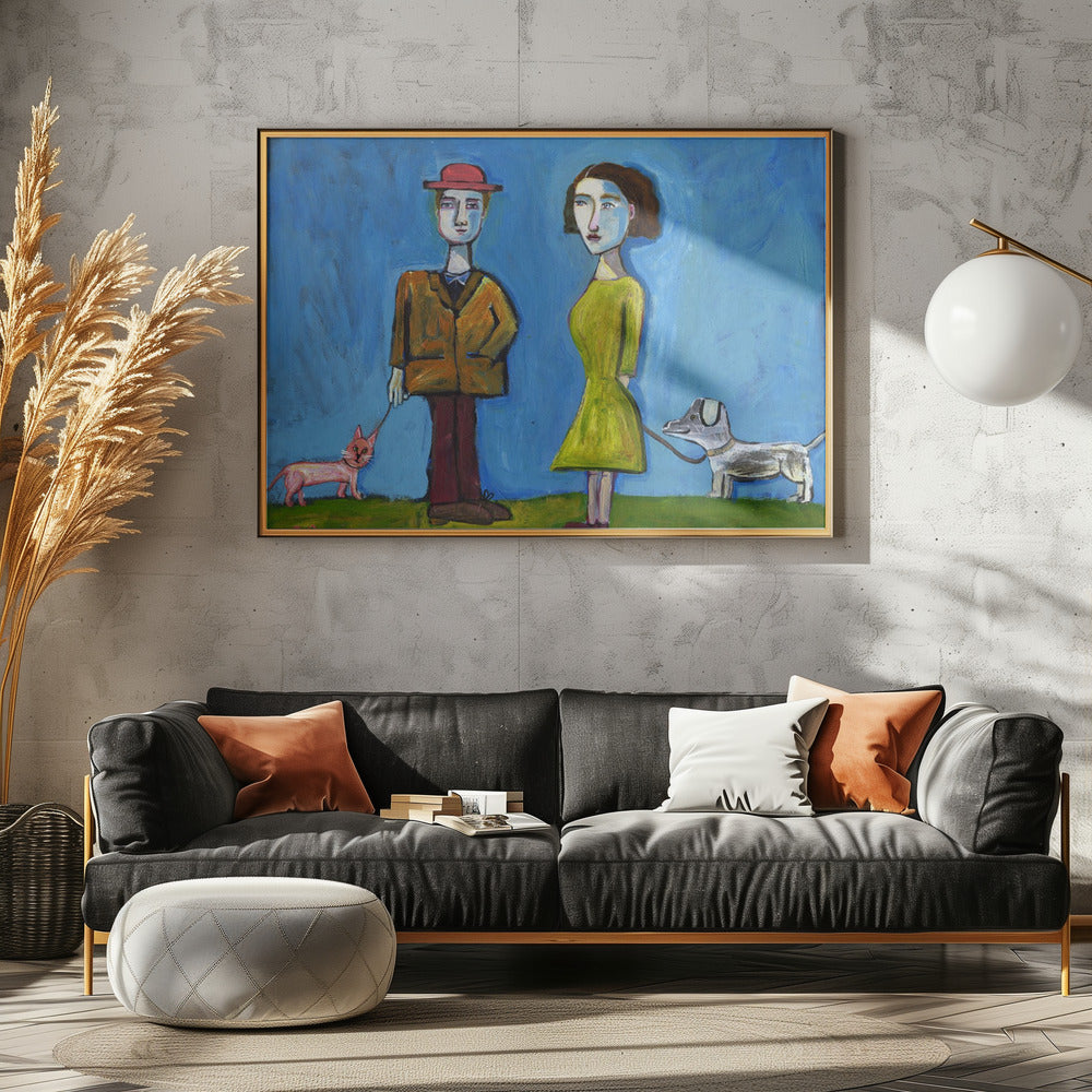 Menschen gehen mit Katze und Hund spazieren | Poster
