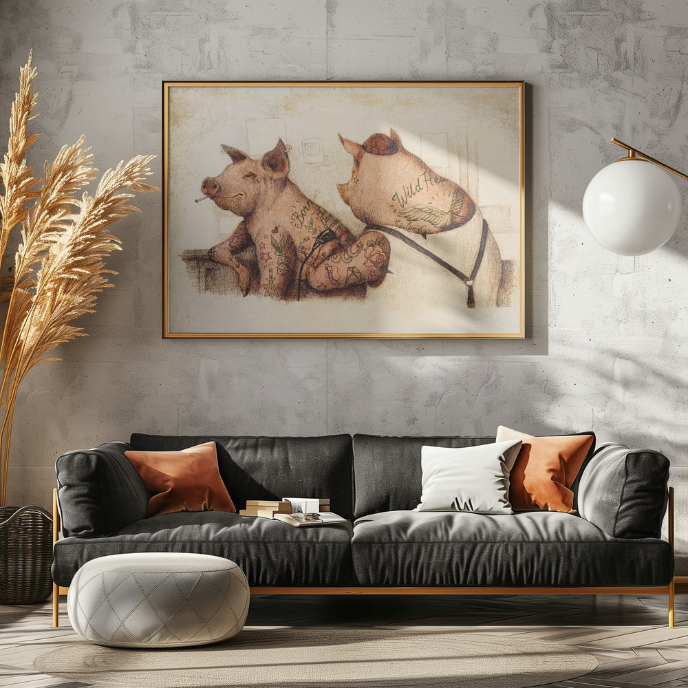 Tätowierte Schweine im Vintage-Stil | Leinwand