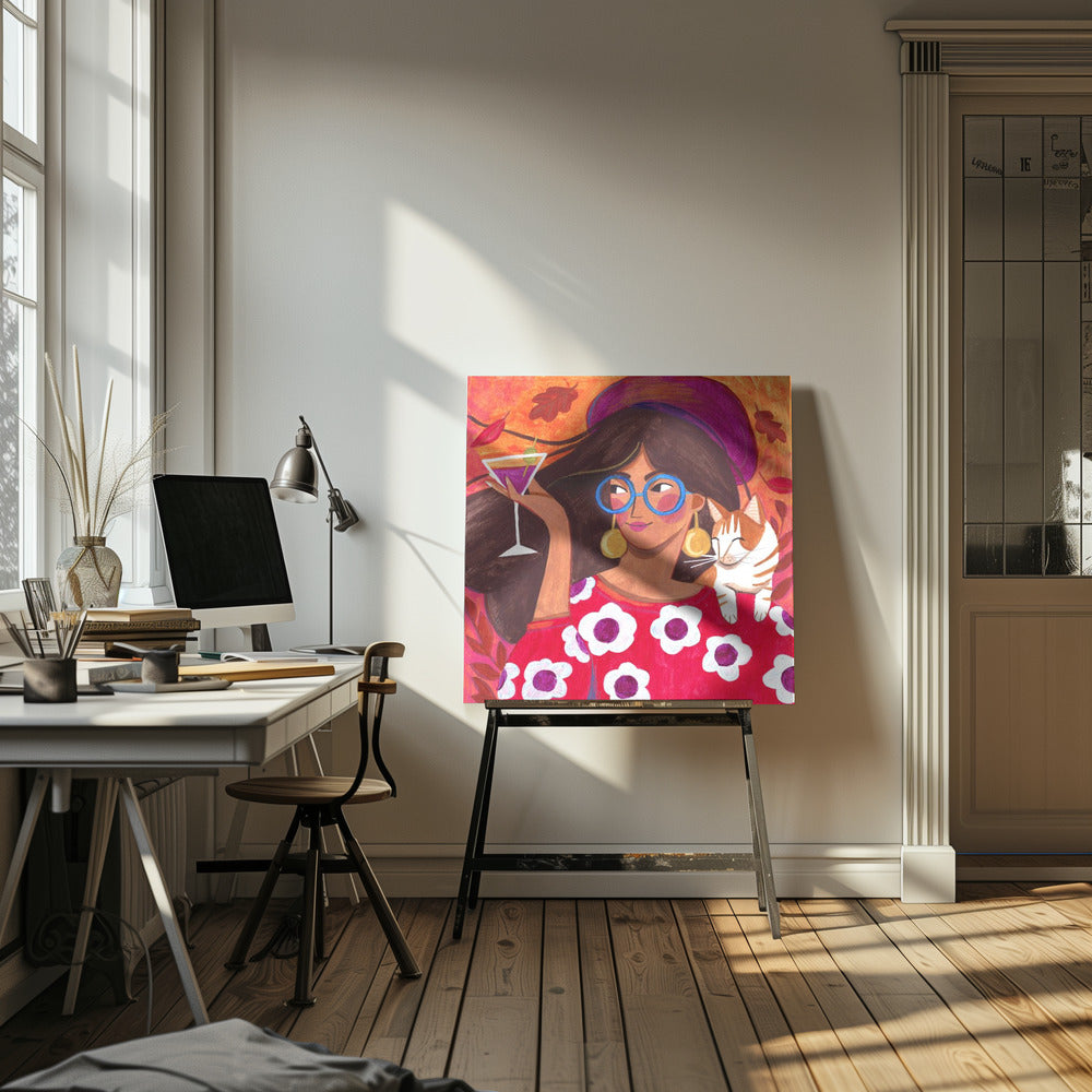 Modernes Herbstporträt Frau mit Katze | Leinwand