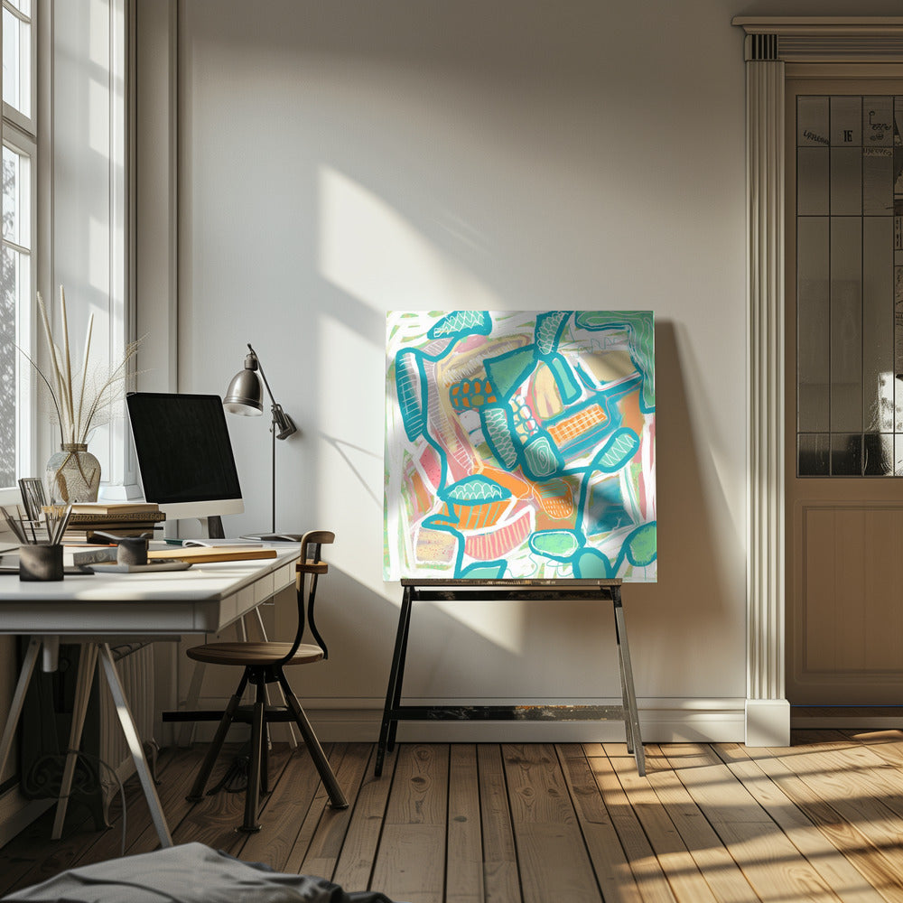Blaues und orangefarbenes Muster | Leinwand