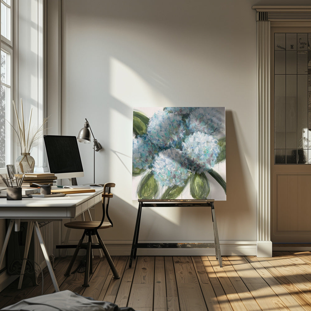 Blaue Hortensien mit grünen Blättern | Leinwand
