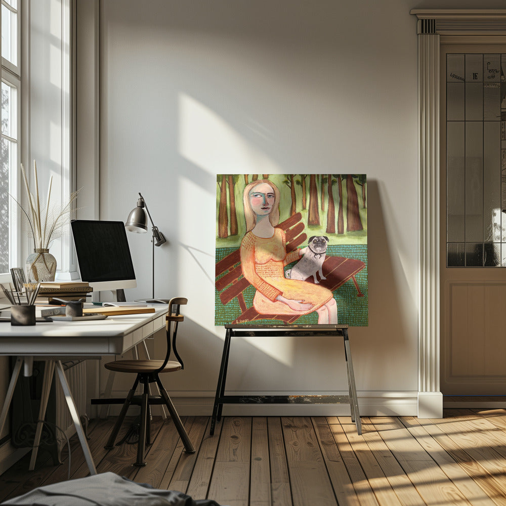 Dame mit Hund Mops | Leinwand