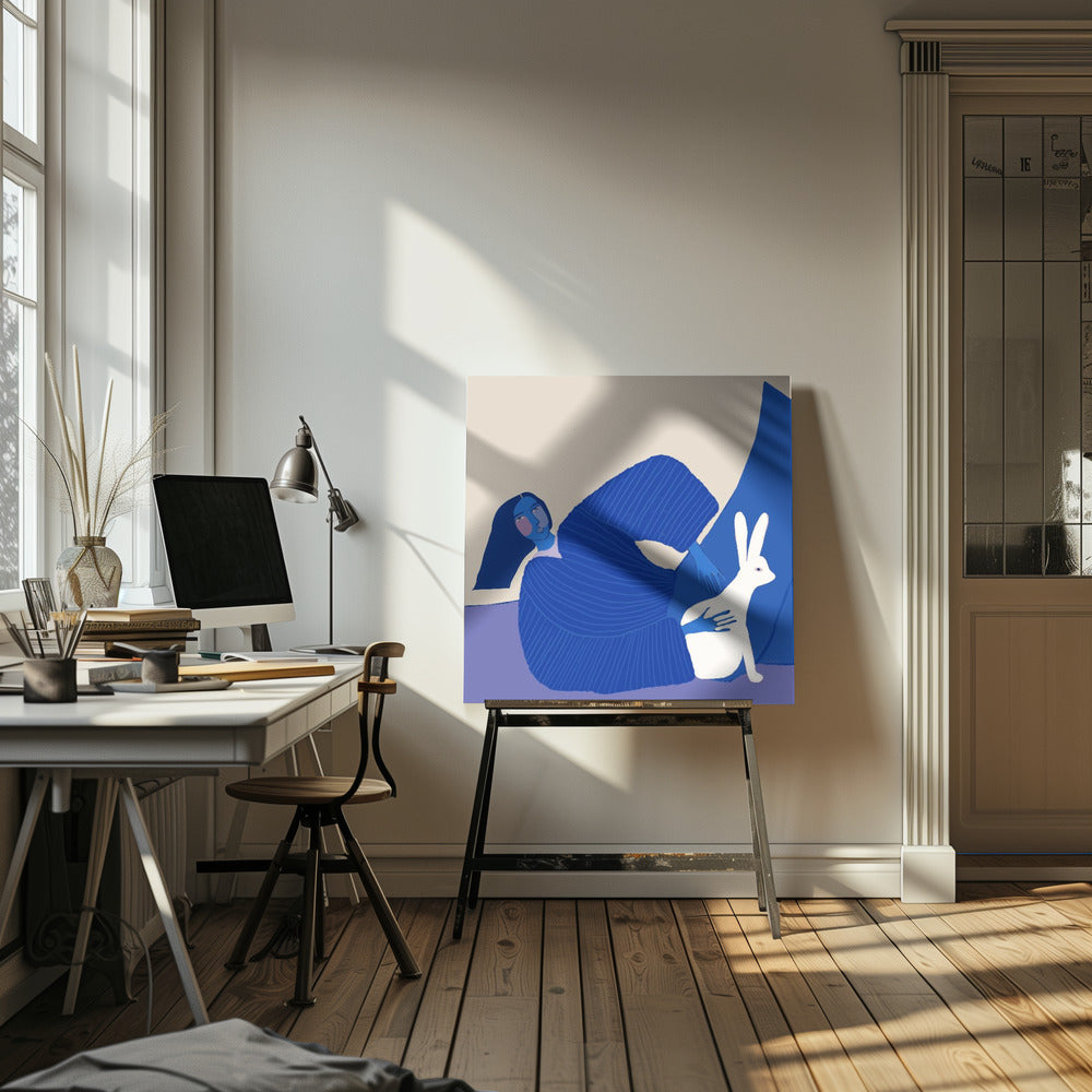 Blaue Dame mit Kaninchen | Leinwand