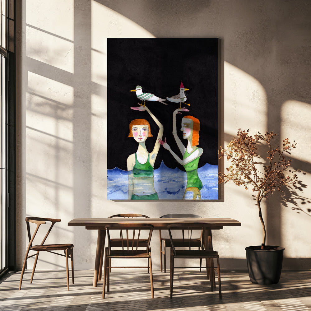 Beste Freunde schwimmen mit Vögeln | Leinwand