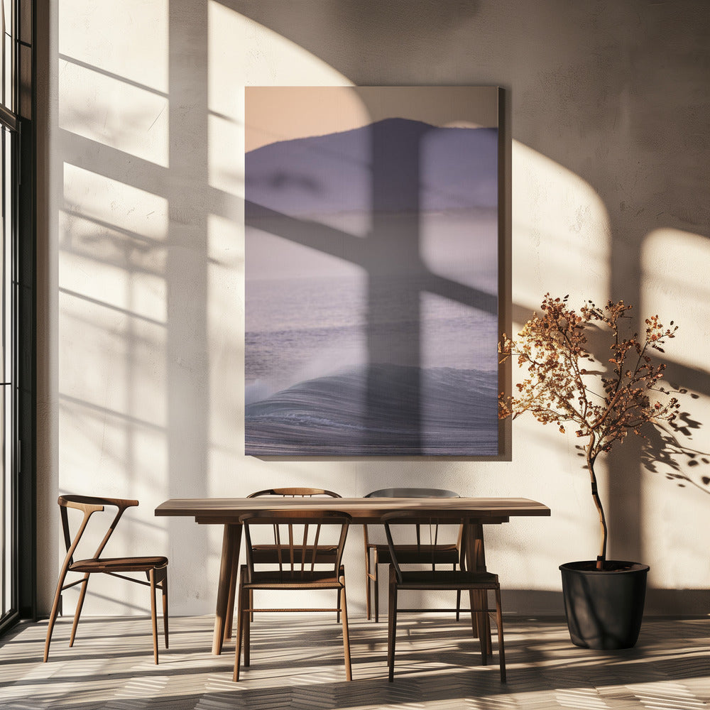 Welle gegen einen nebligen Sonnenaufgang | Leinwand