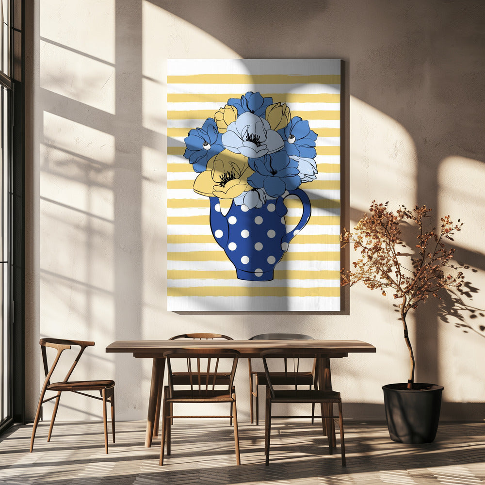 Blaue und gelbe Blumen in einer gepunkteten Vase | Leinwand