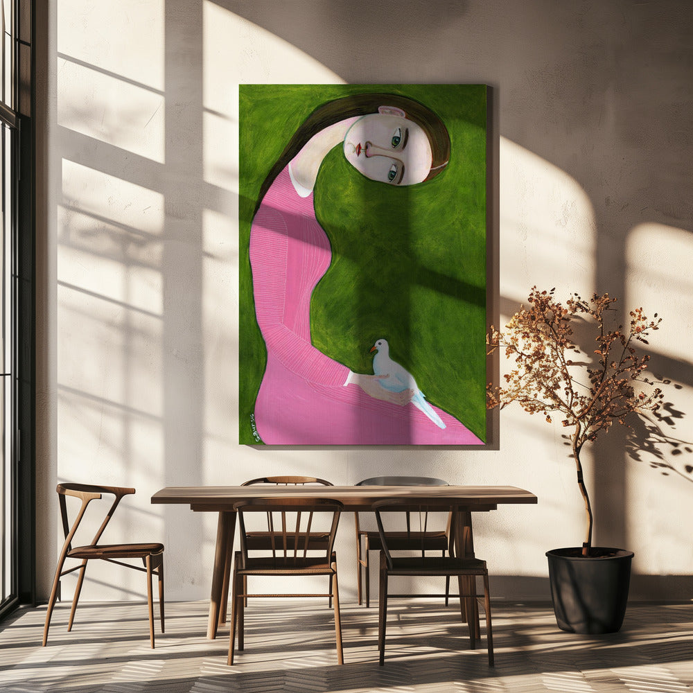Girl with Dove sitting with pink dress | Canvas