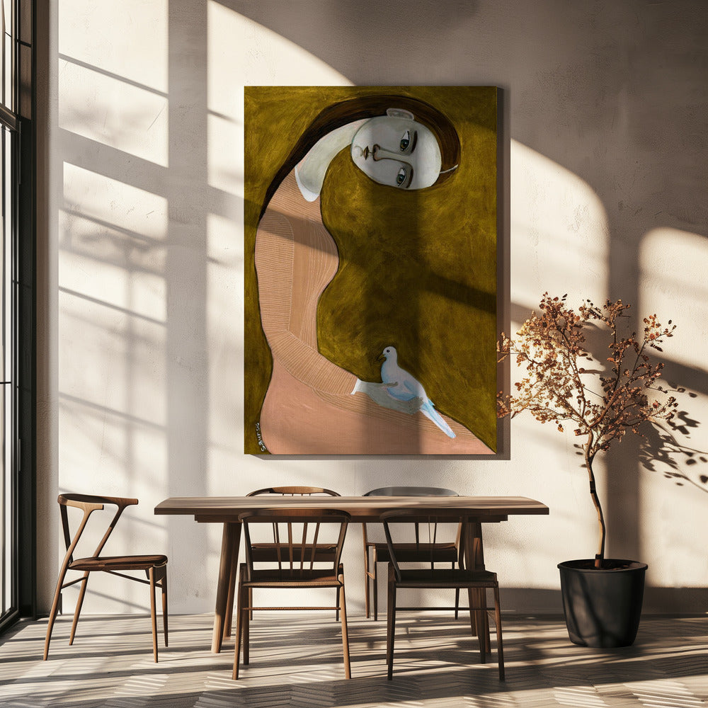 Girl with Dove sitting with pink dress | Canvas