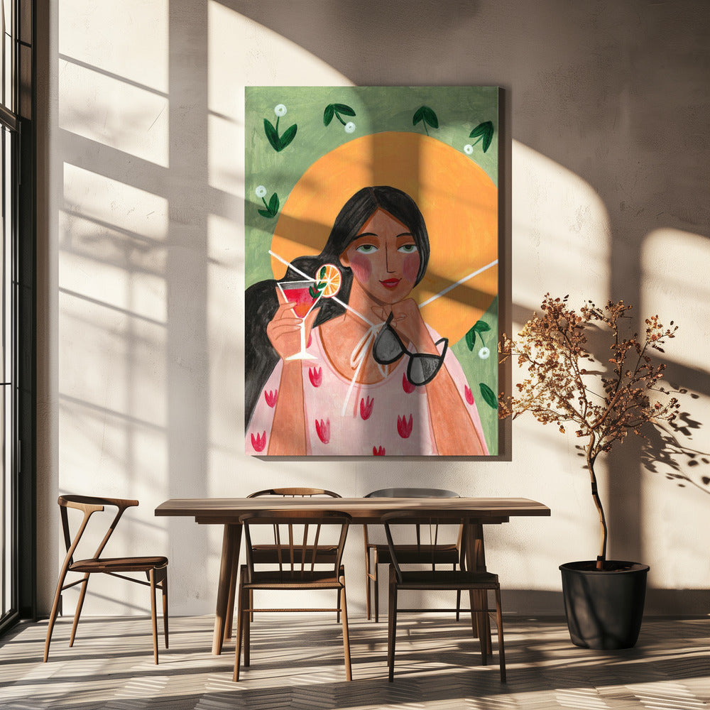 Abstrakte moderne Boho-Frau mit Cocktail | Leinwand