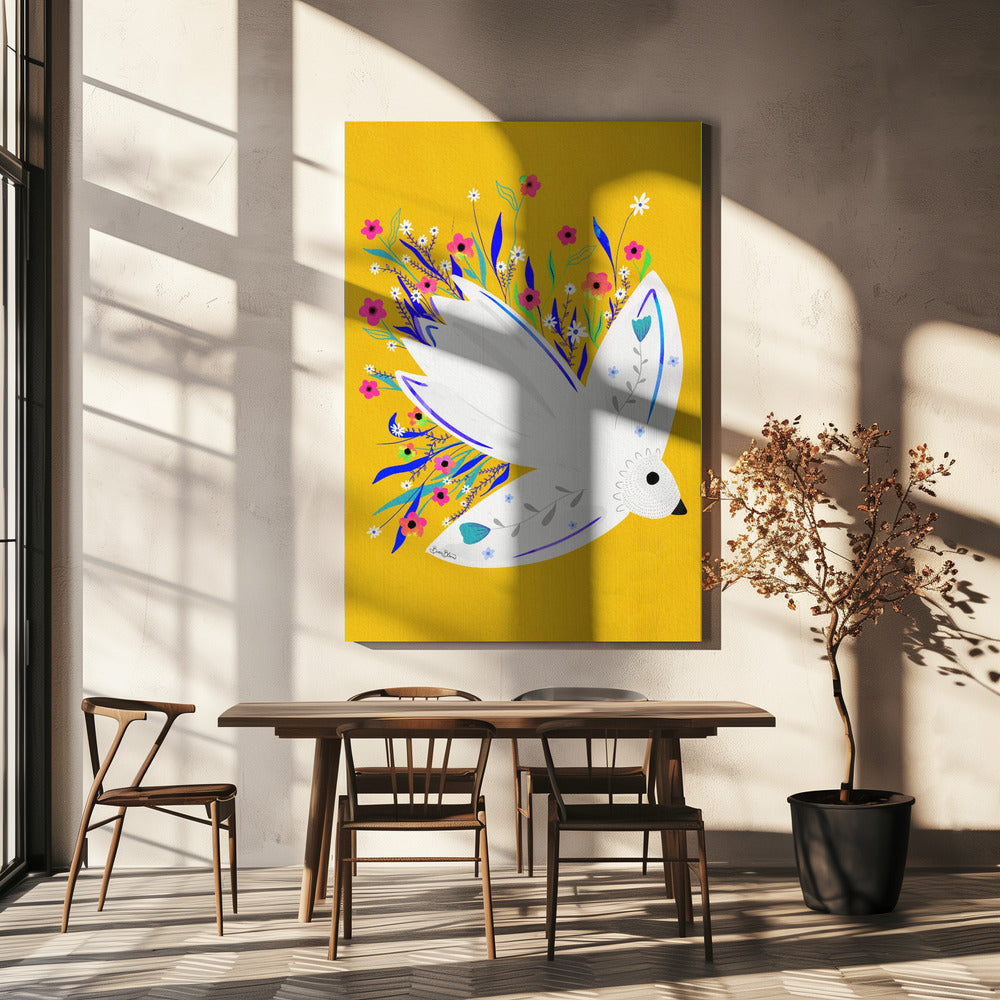 Vogel in Blumen Illustration | Leinwand
