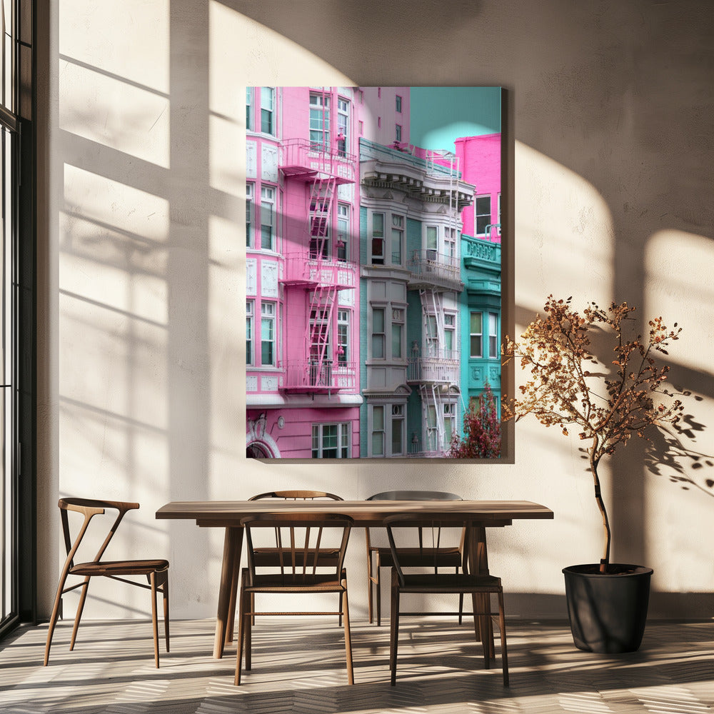 Rosa und blaue Reihenhäuser in San Francisco | Leinwand