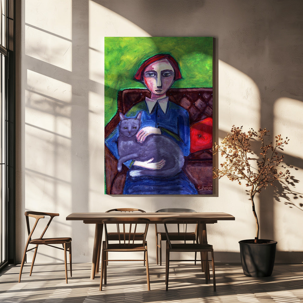 Dame auf der Couch mit Katze | Leinwand