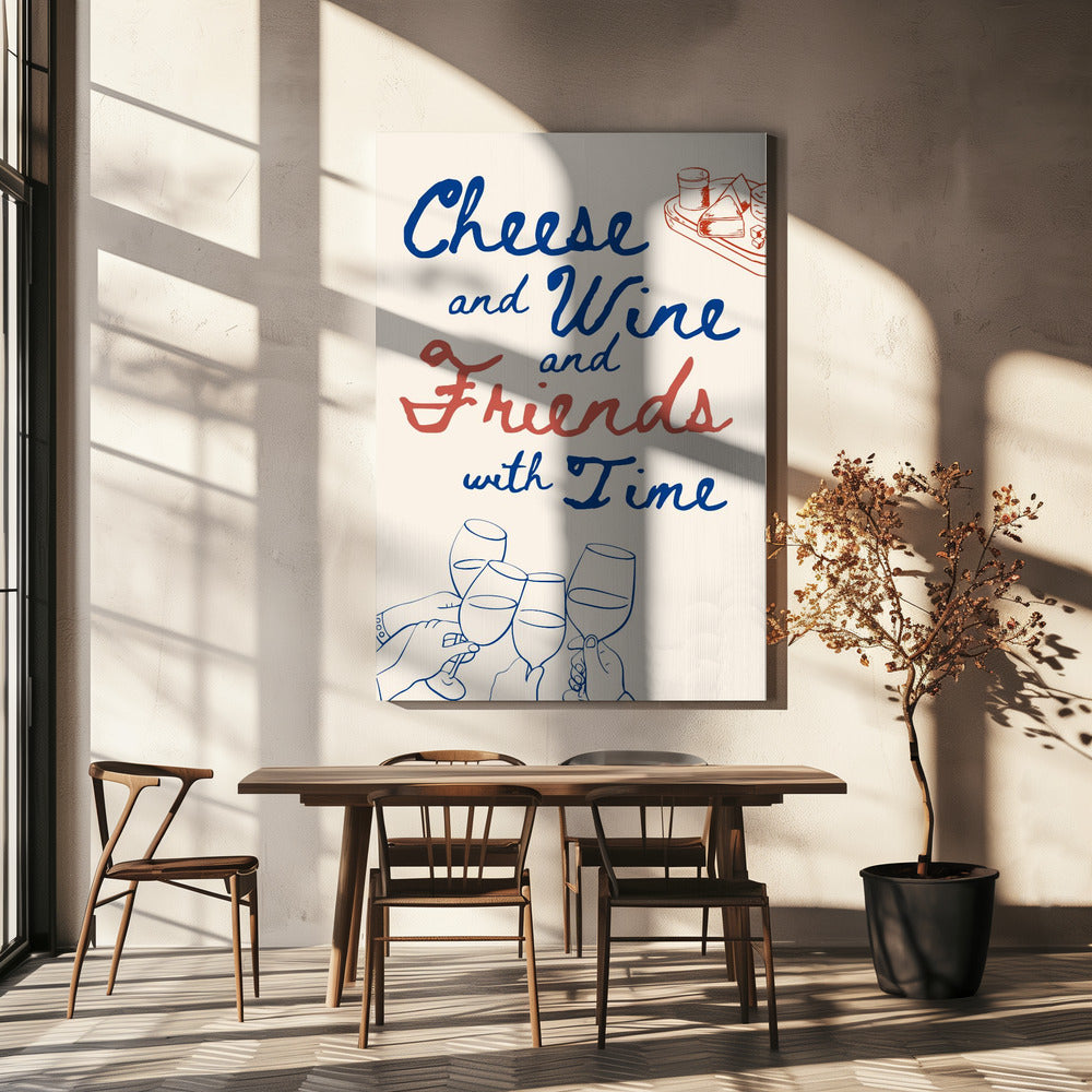 Käse und Wein..., Text + Illustration | Leinwand