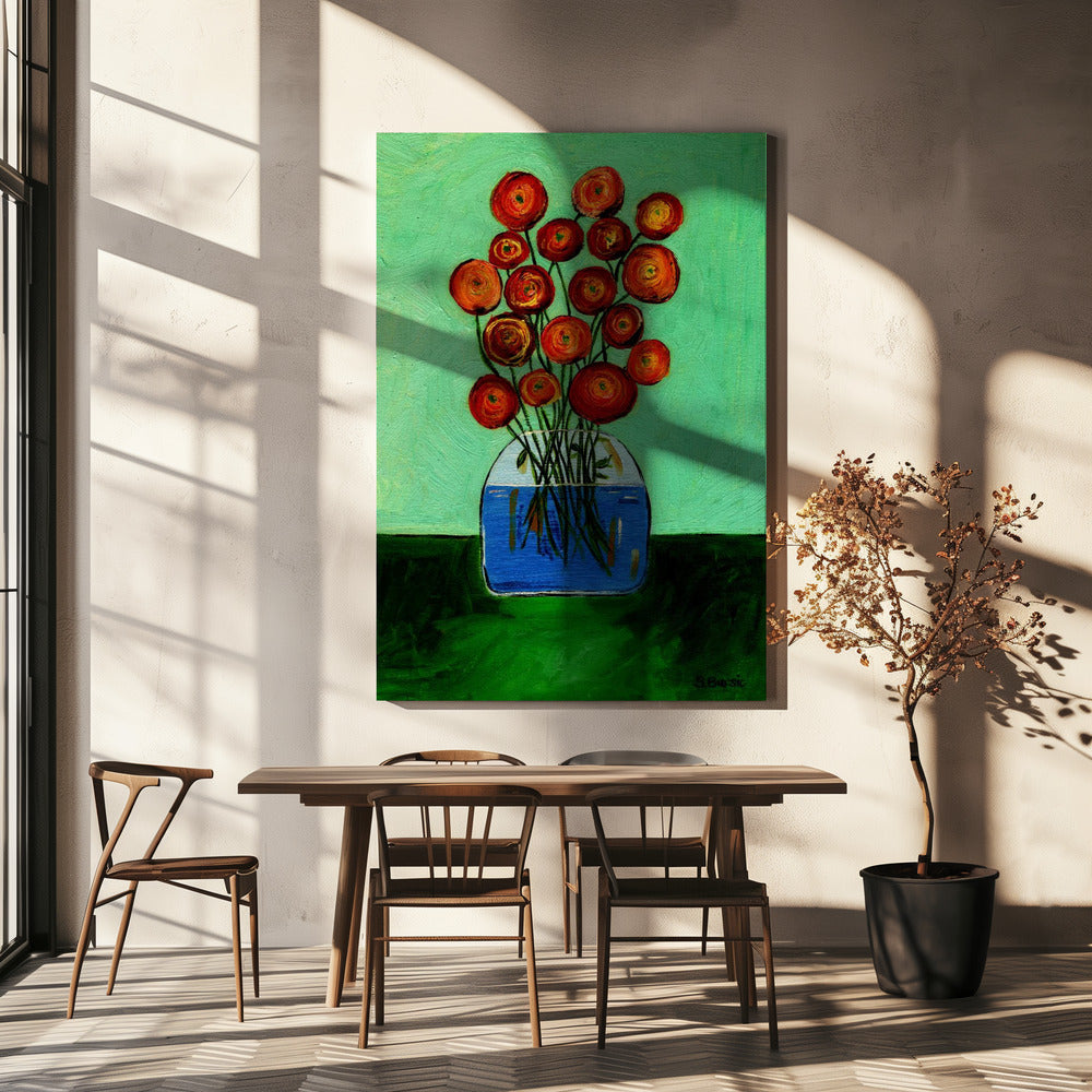 Mohnblumen in Vase Grüne Version | Leinwand