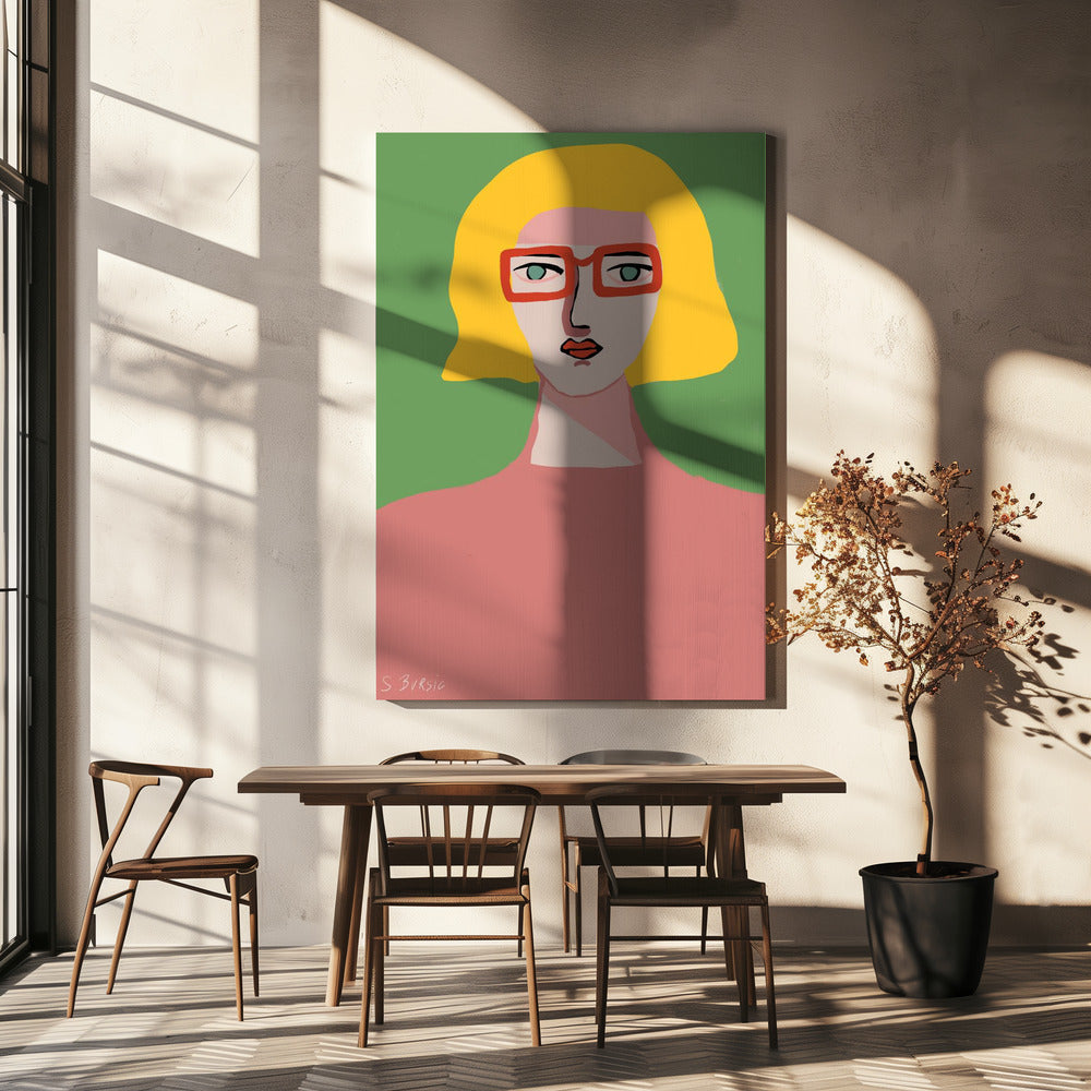 Dame mit goldenem Haar und roter Brille | Leinwand