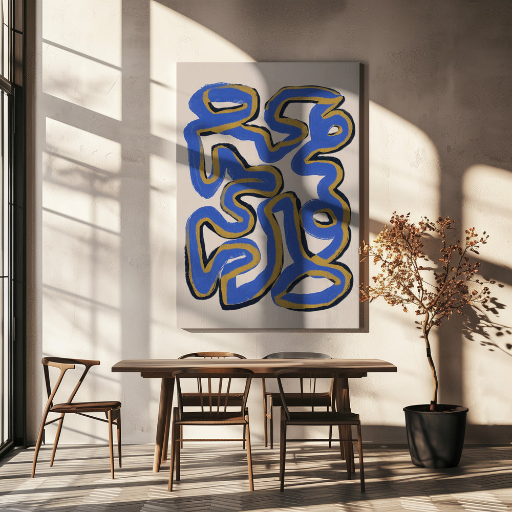 Ineinander verschlungene blaue und ockerfarbene Linien | Leinwand