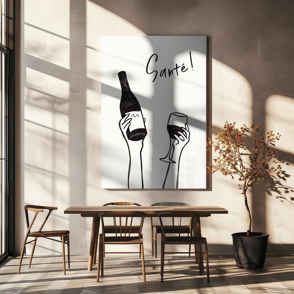 Hands holding a wine bottle and a wine glass with the text "Cheers!" in French | Canvas