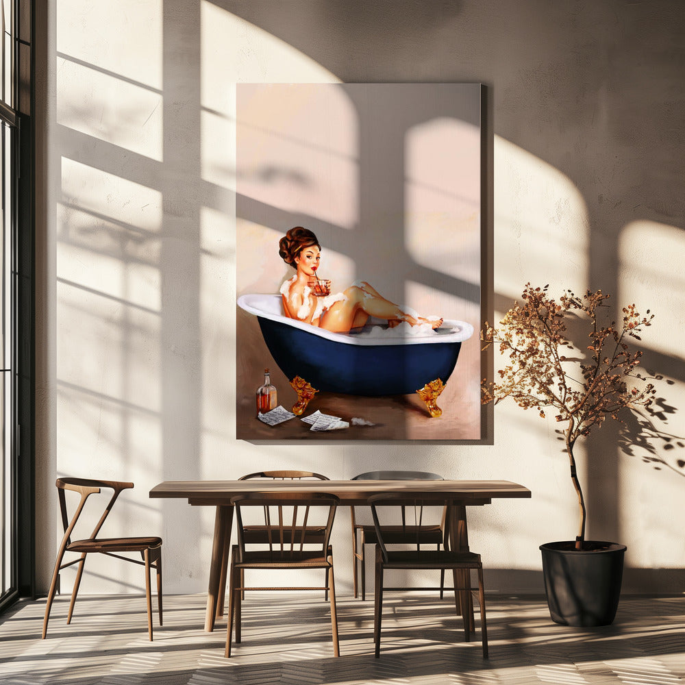 Badewannengetränke: Pinup-Girl trinkt im Badezimmer | Leinwand