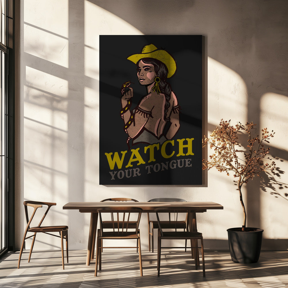 Watch Your Tongue Badass Pin-Up Cowgirl & Rattlesnake | Canvas