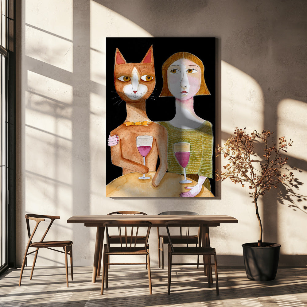 Beste Freunde Katze und Dame trinken Wein | Leinwand