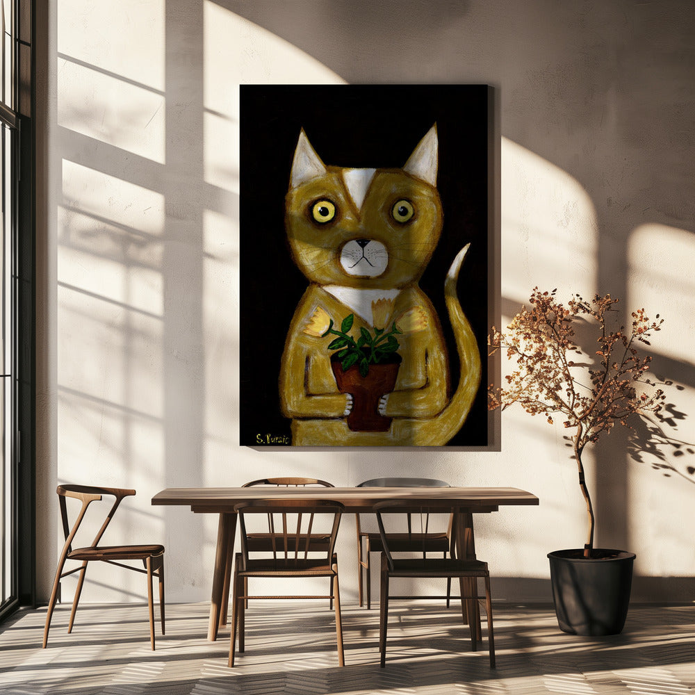 Topfpflanze Katze schwarzer Hintergrund | Leinwand