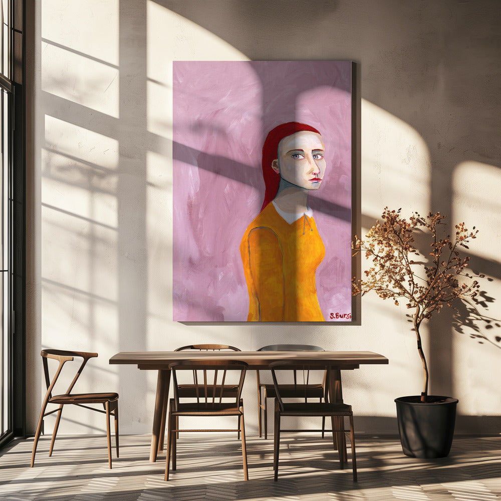 Dame im gelben Kleid und rosa Hintergrund | Leinwand