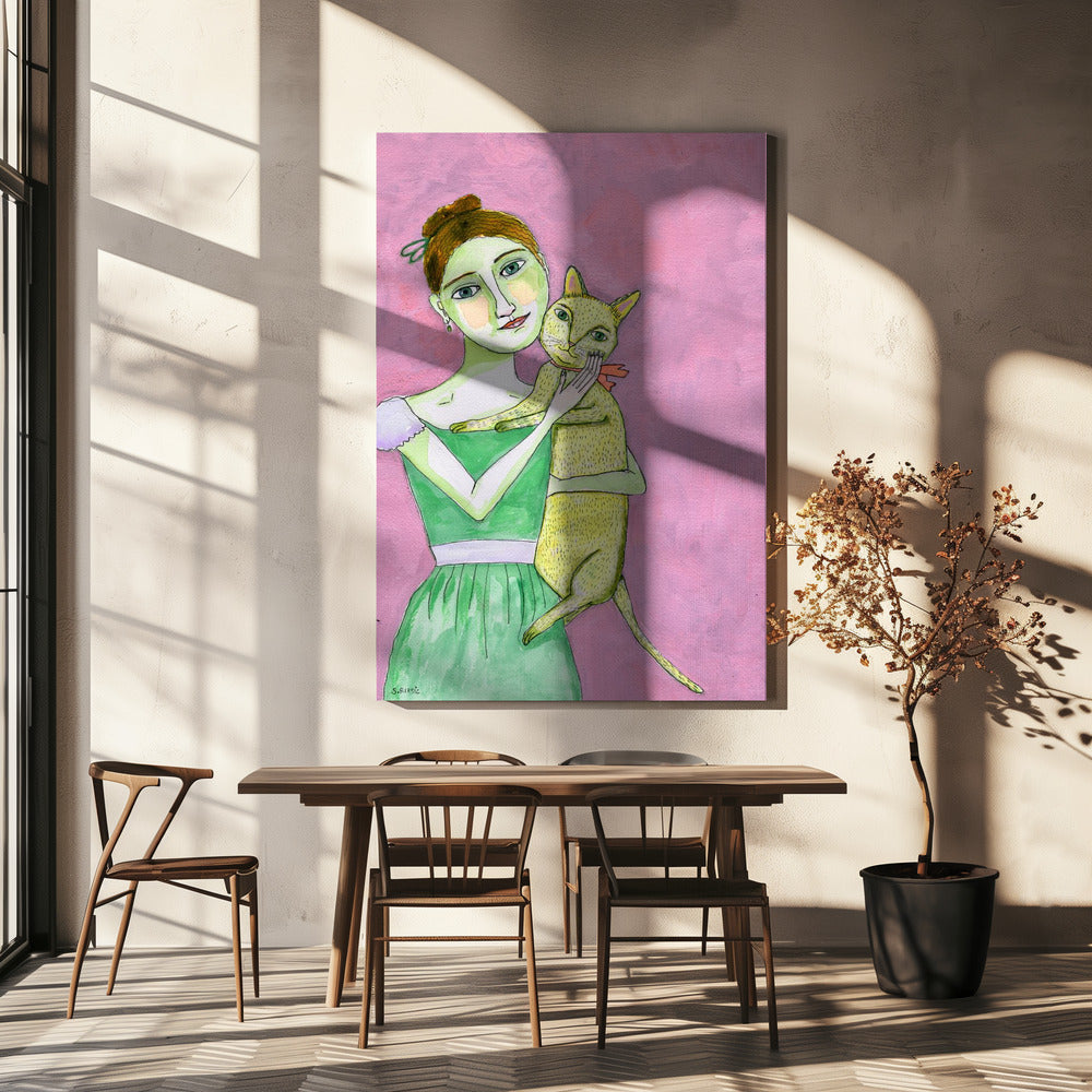 Dame mit gelber Katze | Leinwand