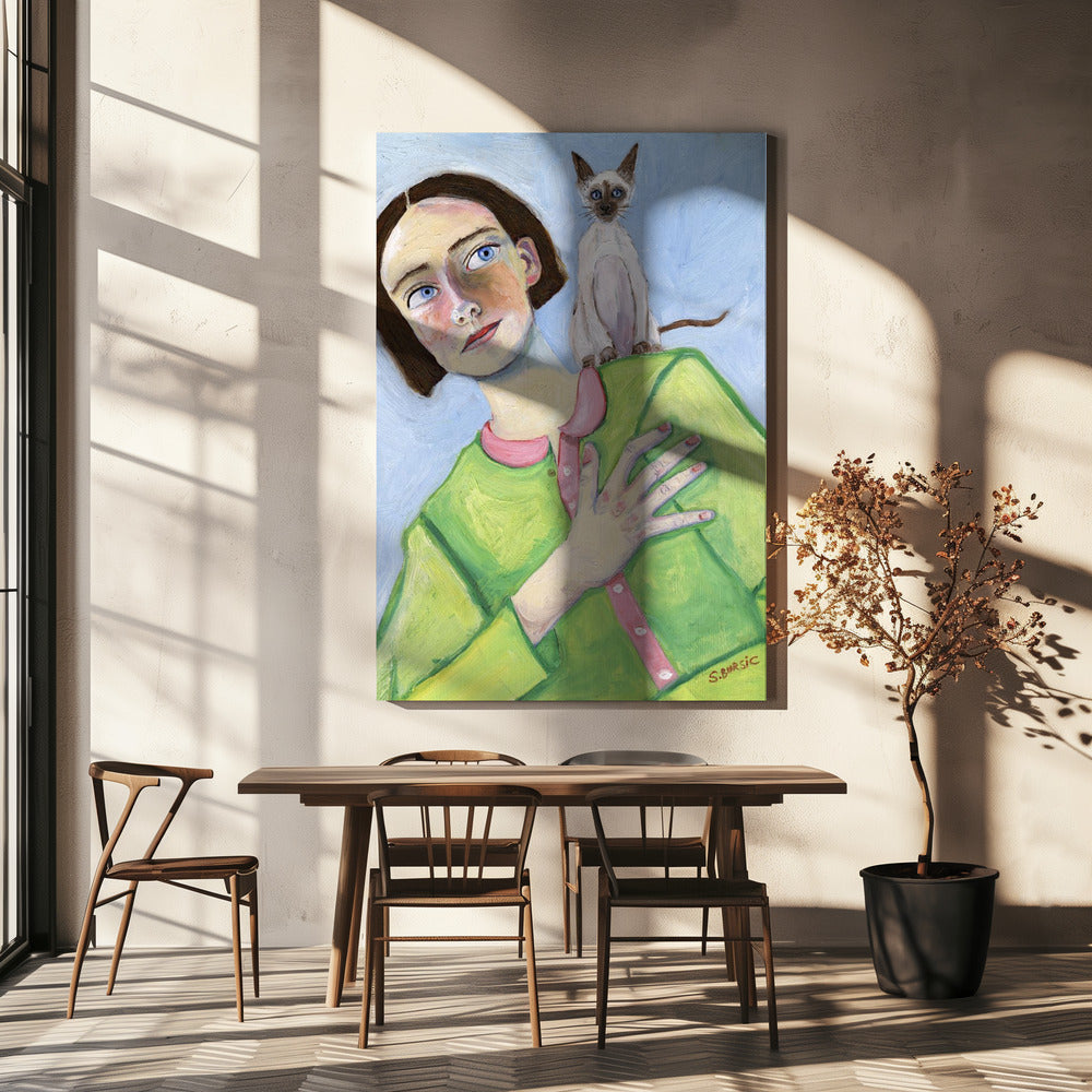 Mädchen mit Katze auf der Schulter | Leinwand