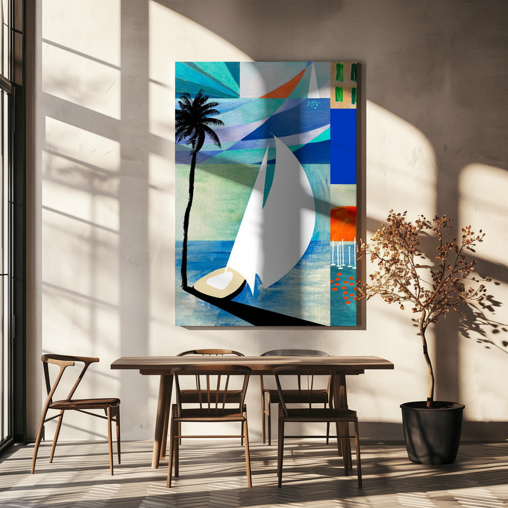 Farbenfroher mediterraner Reisekunstdruck mit Sonnenaufgang und Palme | Leinwand