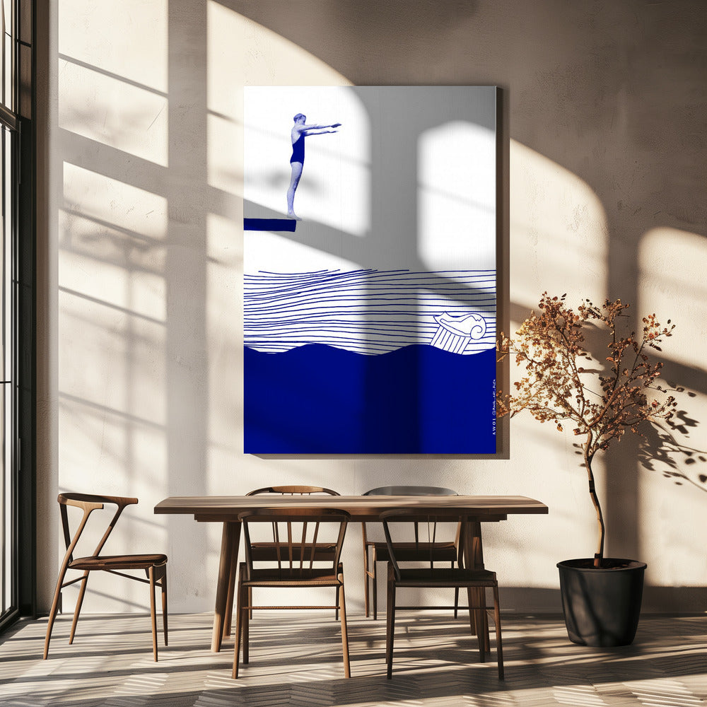 Modern Vintage Beach Wall Art, Nautical Art Print, Woman Swimming In Abstract Sea | Canvas