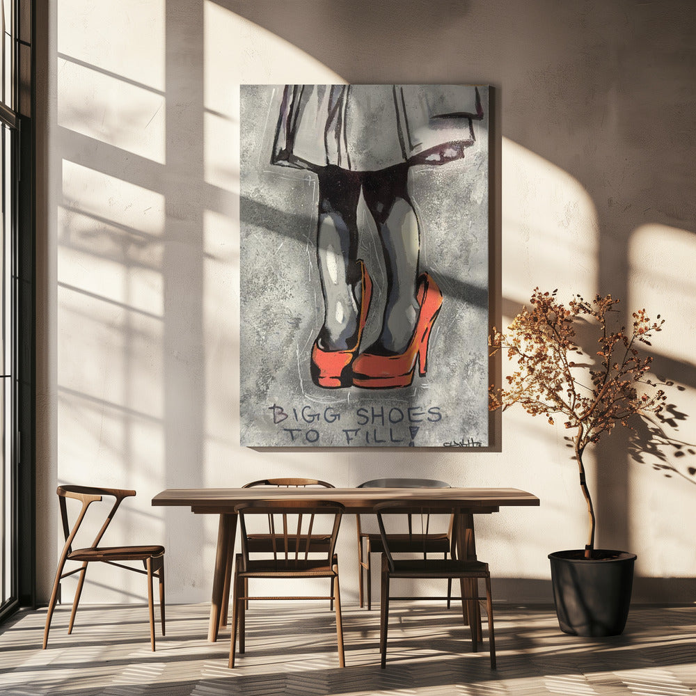 Kind trägt übergroße rote High Heels | Leinwand