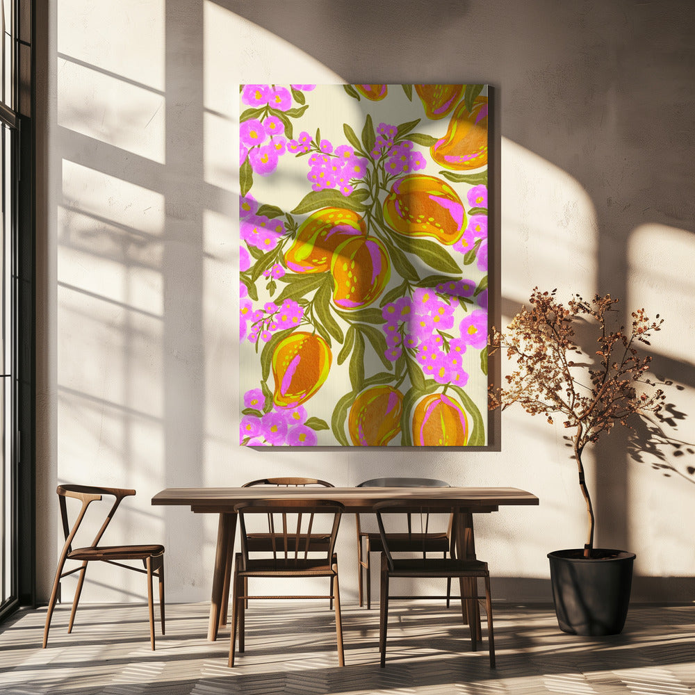 Tropisches Thema mit üppigen Mangos und Blumen | Leinwand