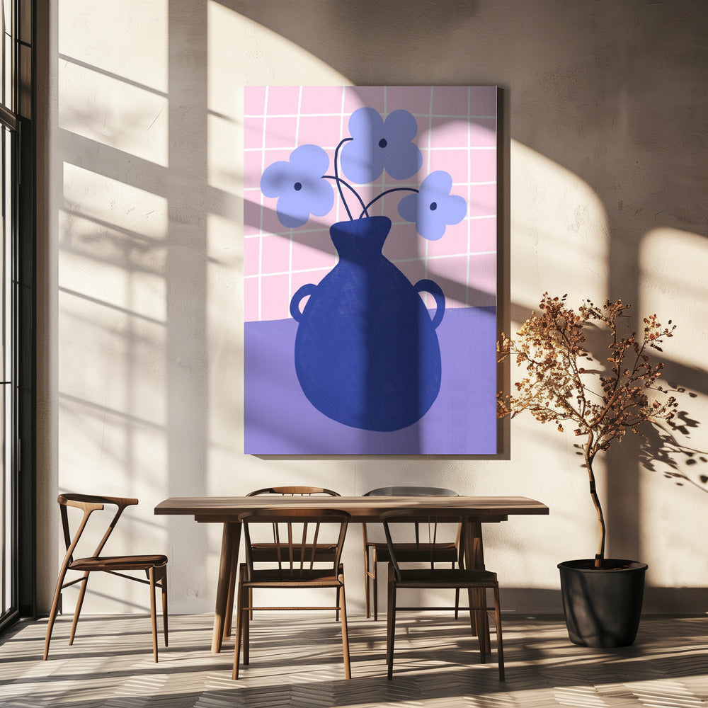 Minimalistische Vase mit blauen Blumen | Leinwand