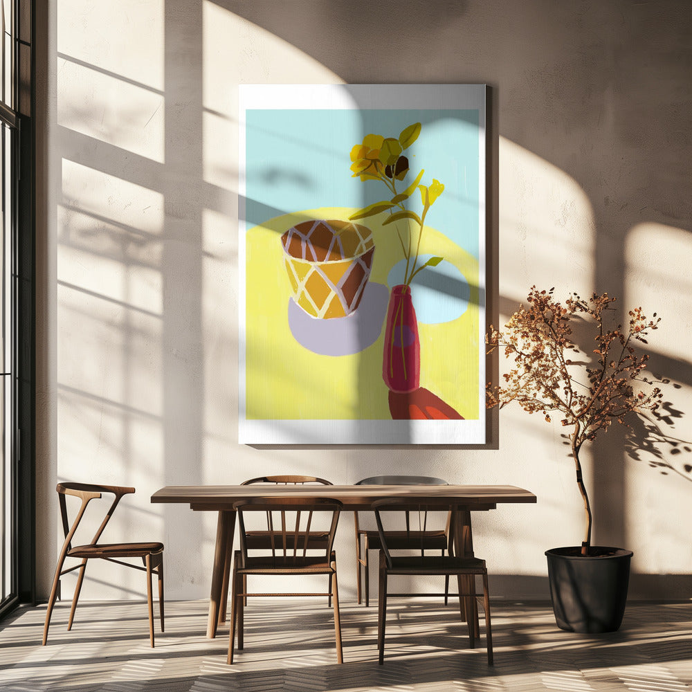 Gelbe Blumen in einem roten Topf | Leinwand