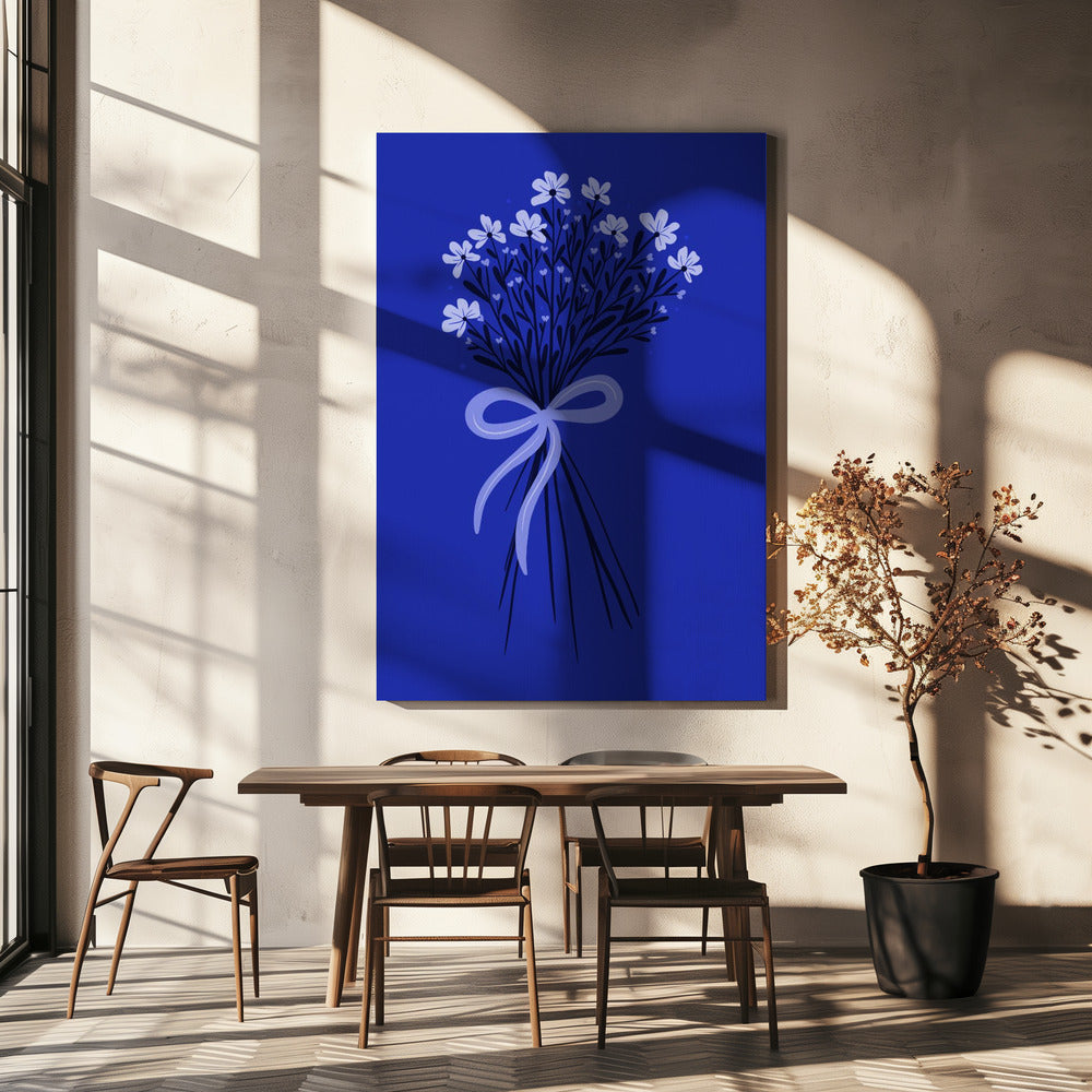 Blumenstrauß mit Schleife - monochrom blau | Leinwand