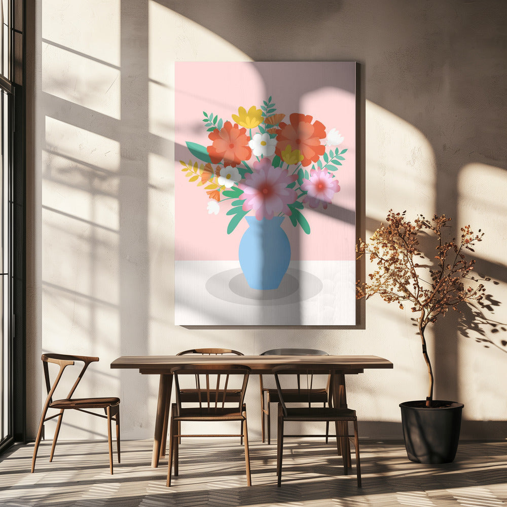 Lebendiger Blumenstrauß in einer blauen Vase | Leinwand
