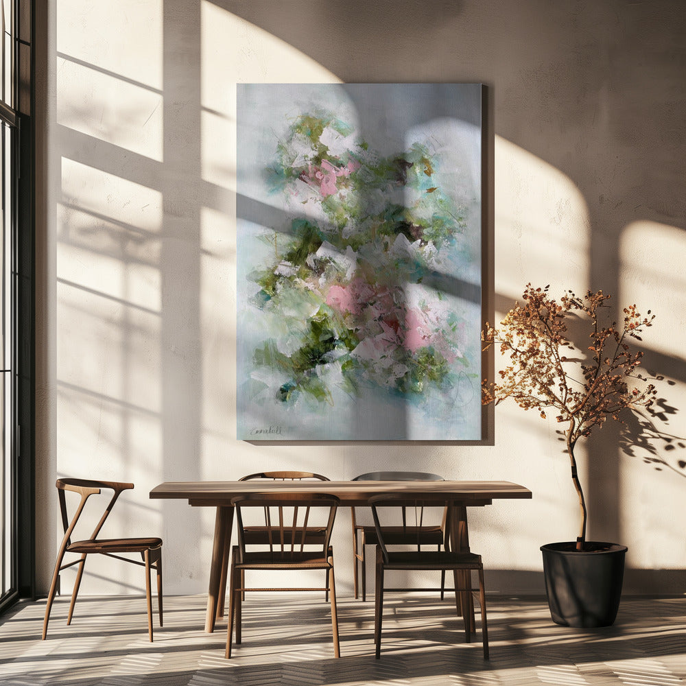 Florale Pinselstriche in Rosa und Grün | Leinwand