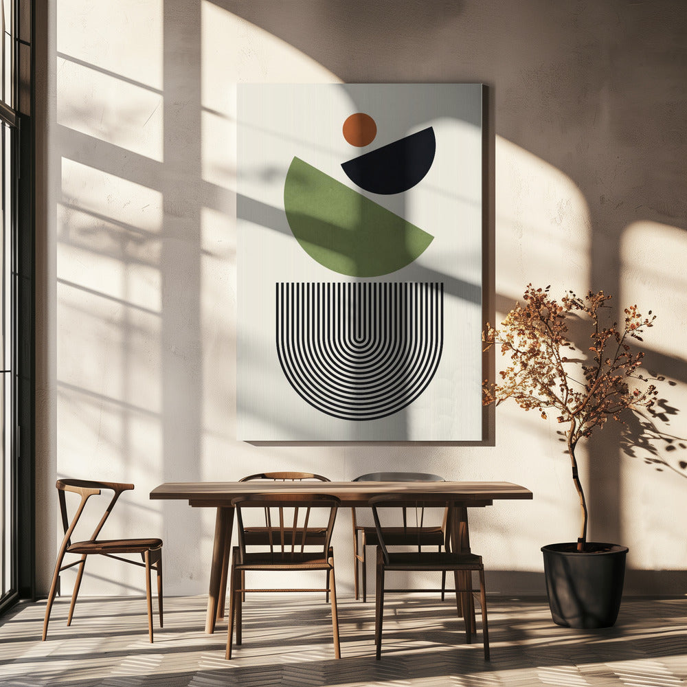 Geometrische Formen in Grün, Schwarz und Orange | Leinwand