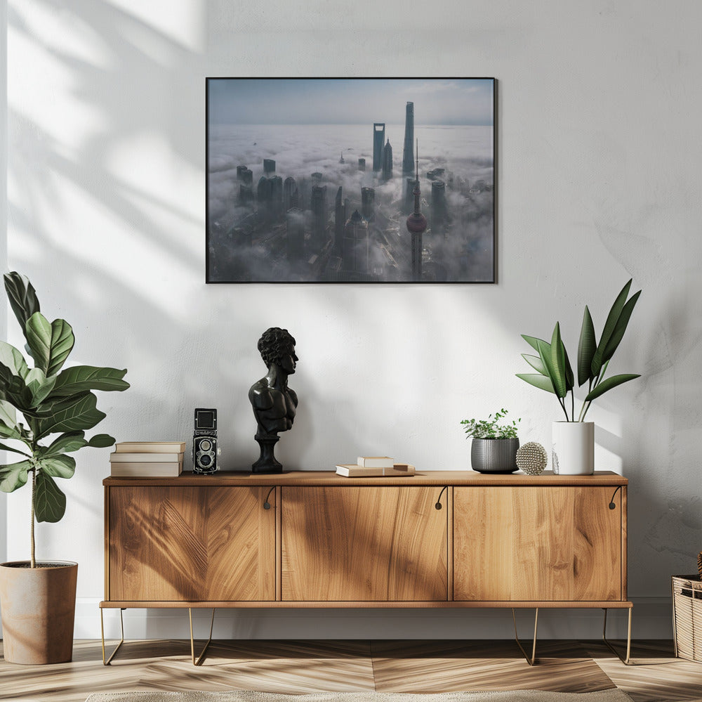 Shanghai im Nebel von oben | Poster