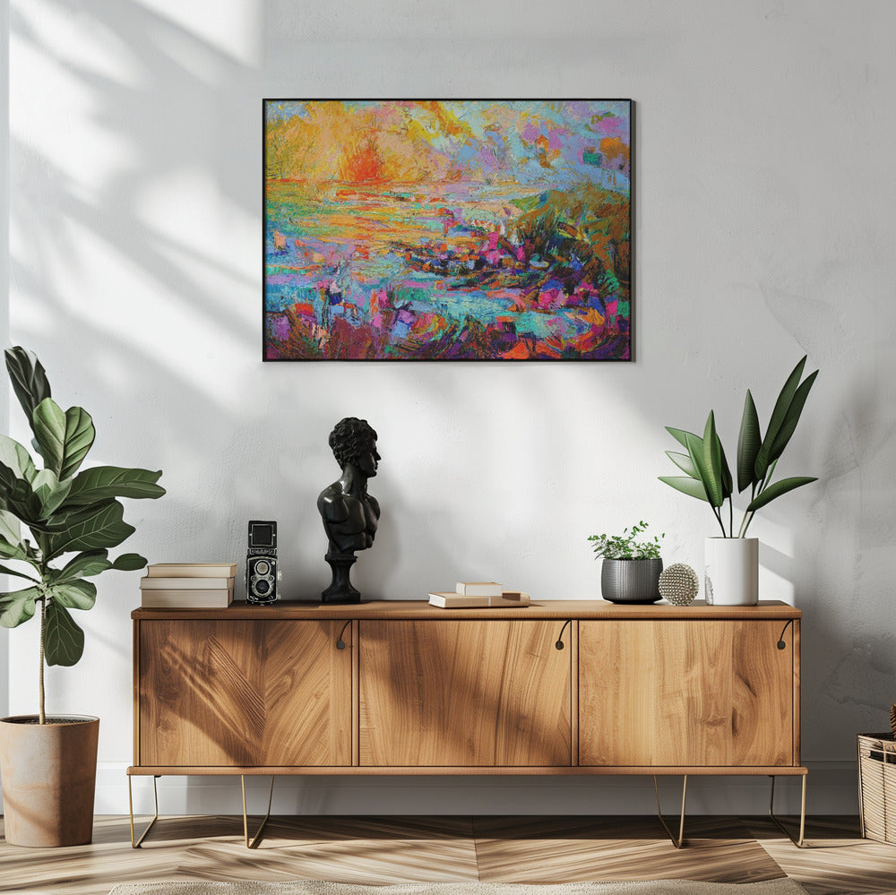 Sonnenuntergang über einer lebendigen Landschaft | Poster