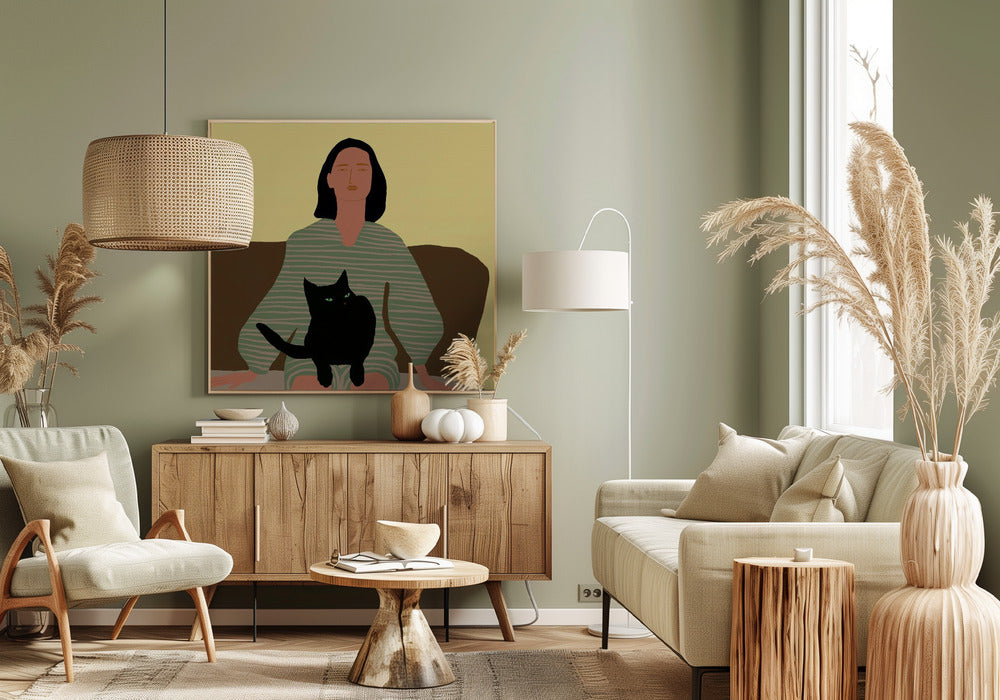 Sitzende Dame mit schwarzer Katze. | Leinwand