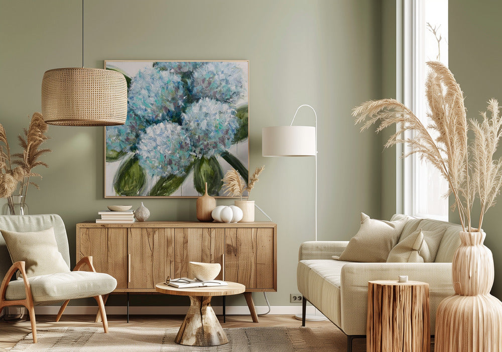 Blaue Hortensien mit grünen Blättern | Leinwand
