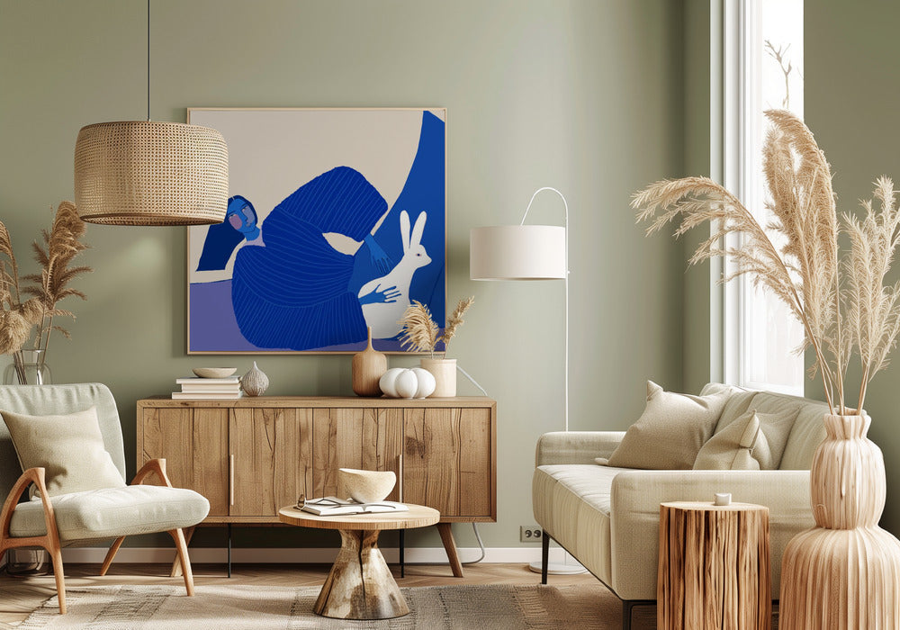 Blaue Dame mit Kaninchen | Leinwand