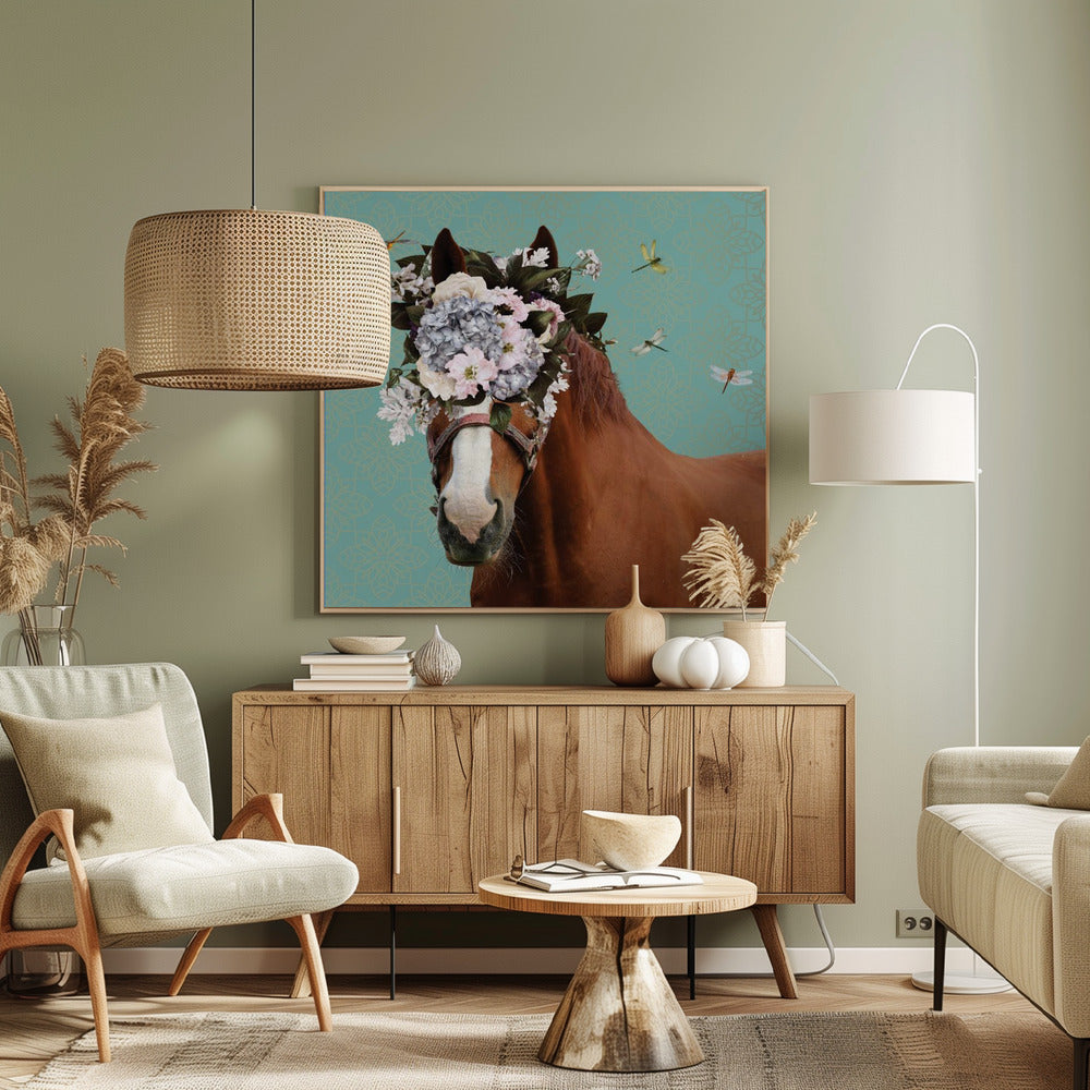 Frühlingsblumenhaube auf Pferd | Leinwand