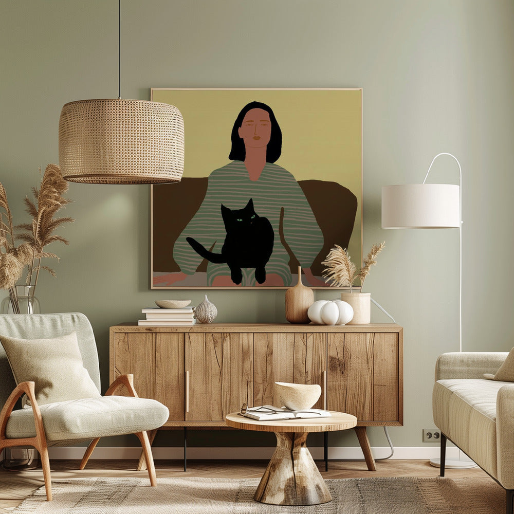 Sitzende Dame mit schwarzer Katze. | Leinwand