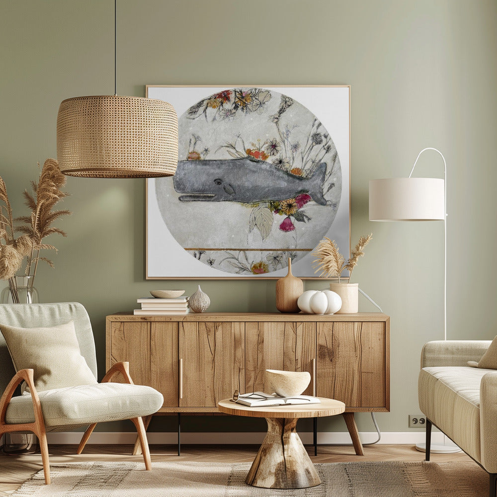 Wal vor einem Hintergrund aus zarten Blumen | Leinwand