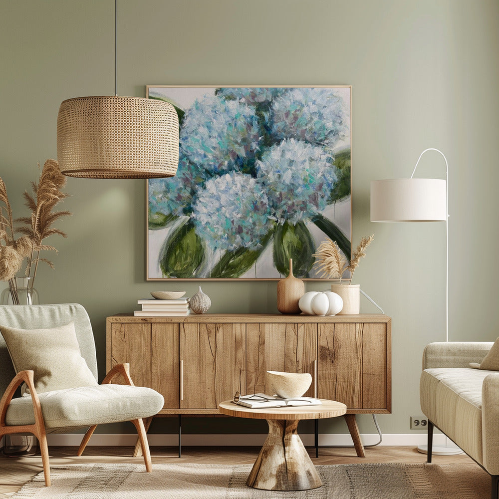 Blaue Hortensien mit grünen Blättern | Leinwand
