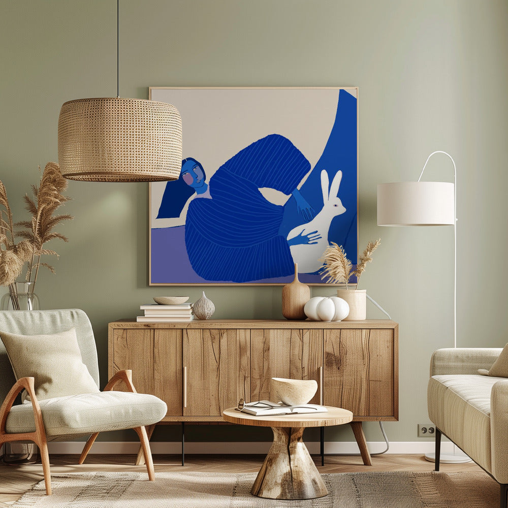 Blaue Dame mit Kaninchen | Leinwand