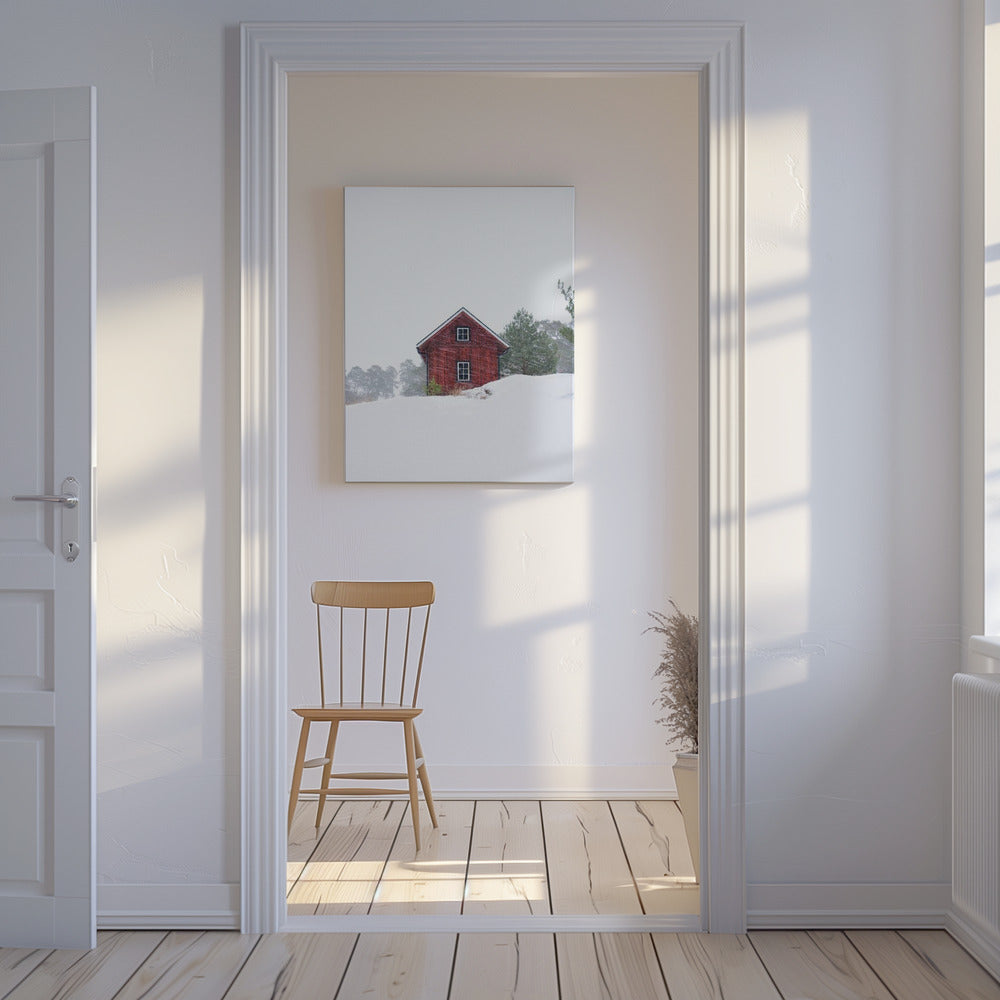 Altes rotes Haus während eines Schneesturms | Leinwand